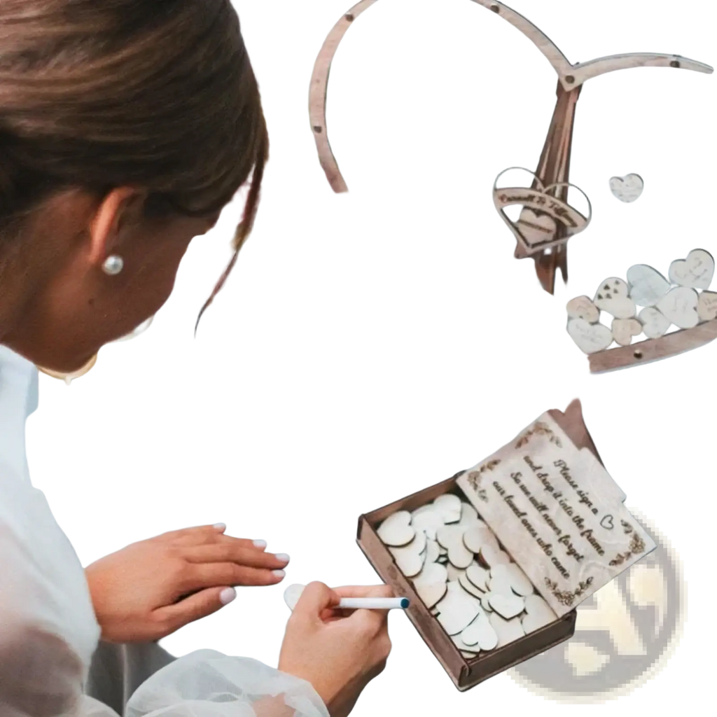 Wooden heart shaped wedding guest book drop box with engraved initials and white wooden hearts inside