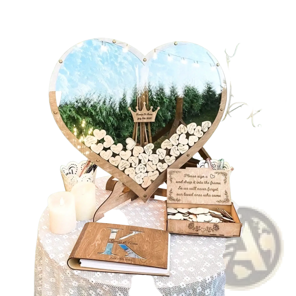 Heart wooden wedding guest book drop box with heart-shaped frame mirrored center and engraved wooden tokens inside