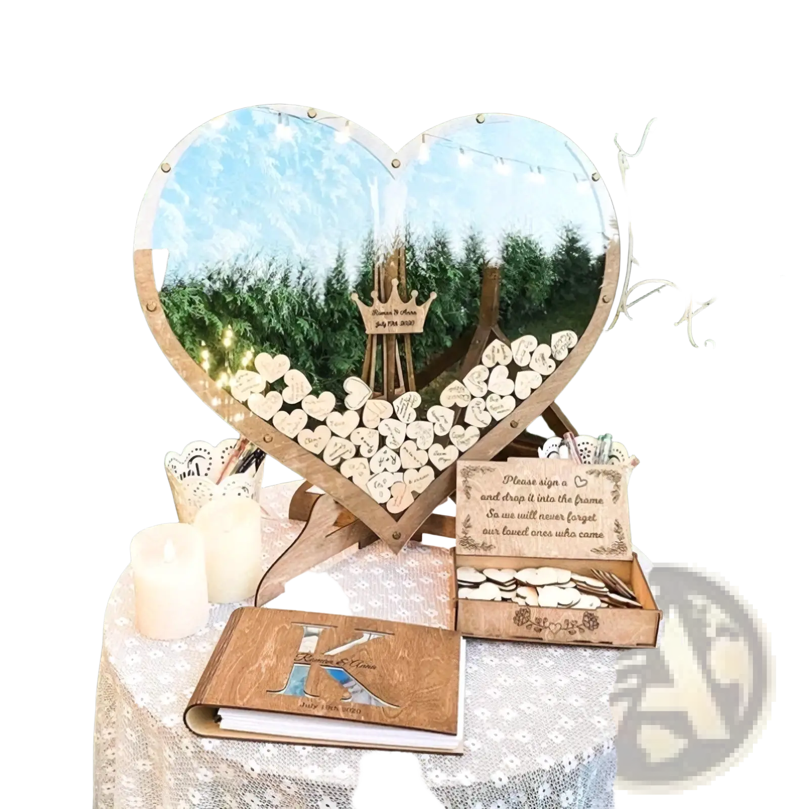 Heart wooden wedding guest book drop box with heart-shaped frame mirrored center and engraved wooden tokens inside