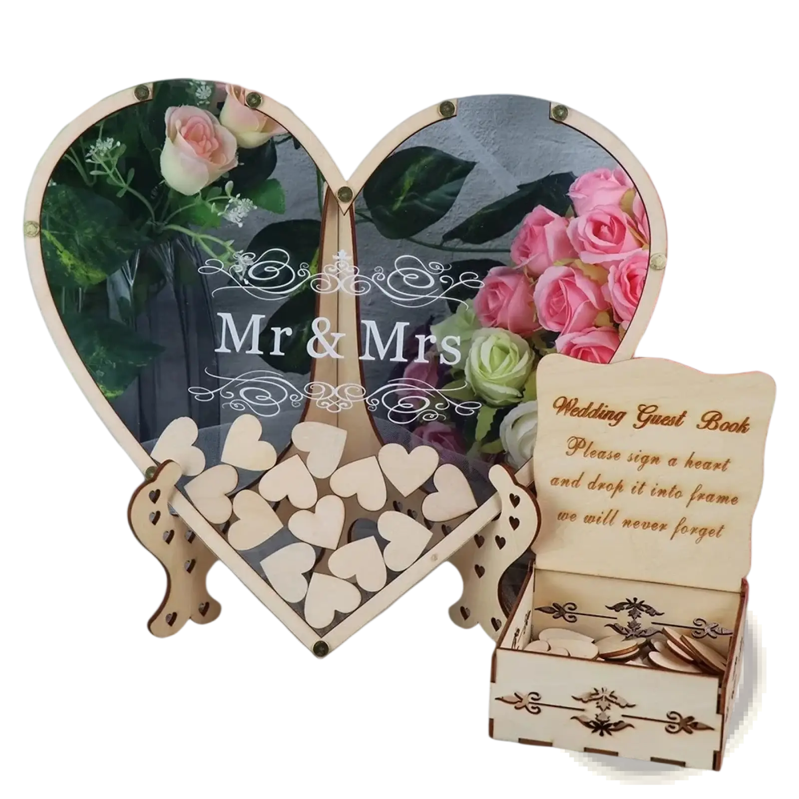 Heart wooden wedding guest book drop box with heart shape, clear acrylic panels, engraved mr and mrs text, and matching laser cut wood box