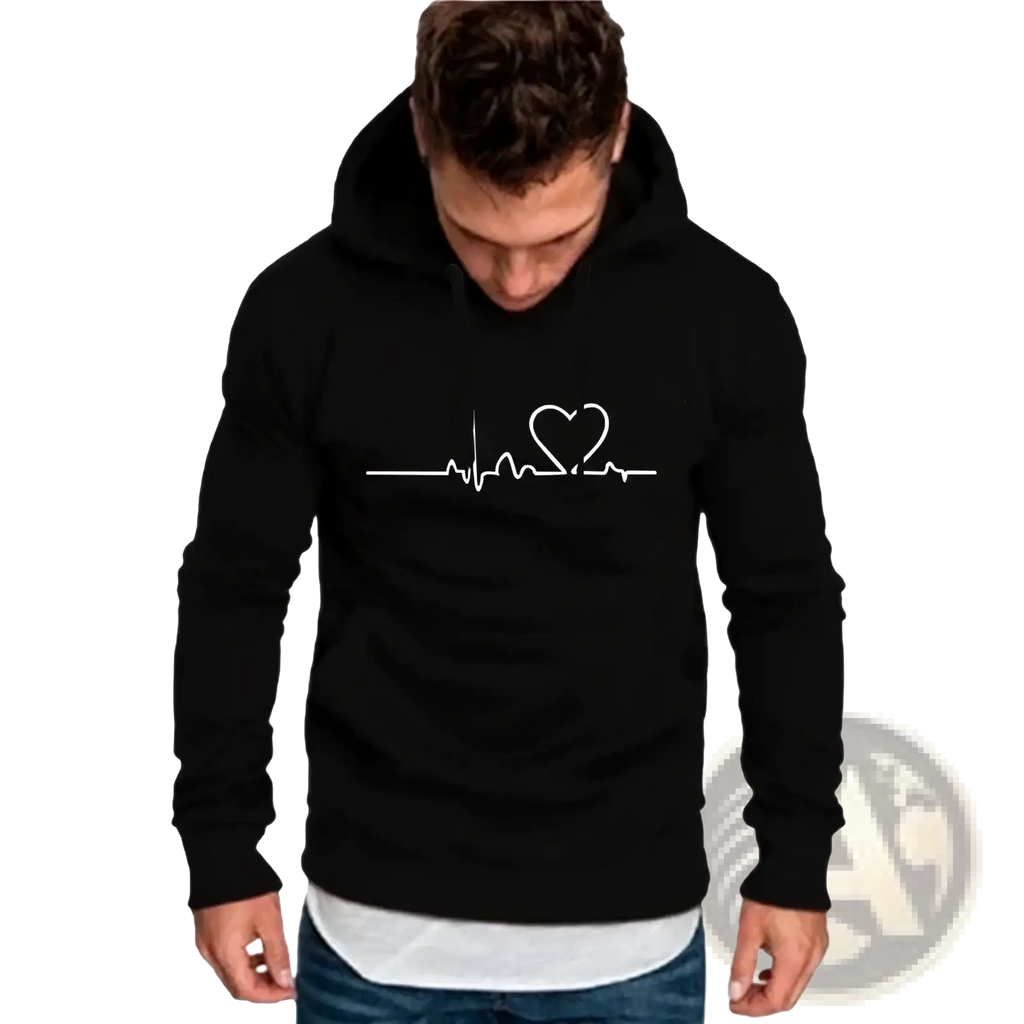 Black hoodie pullover with white heart-shaped heartbeat line design perfect for matching couples