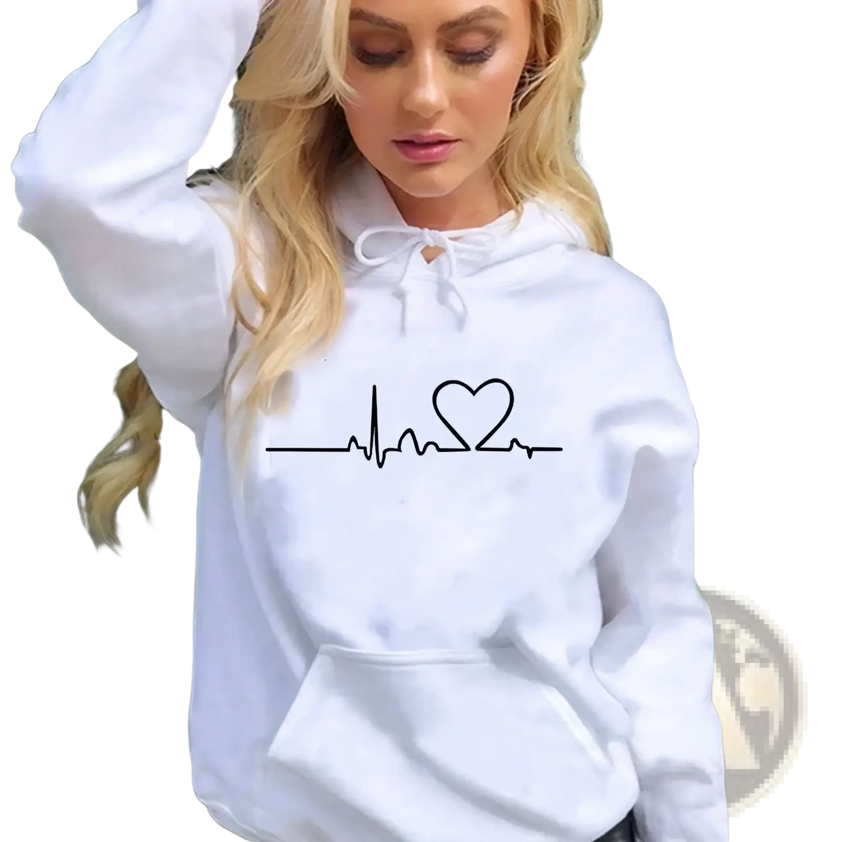 White hoodie pullover featuring a black heart-shaped heartbeat line design across the chest for couples matching wear