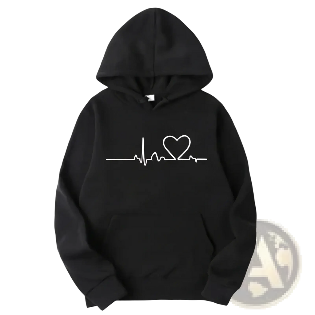 Black hoodie pullover with white heart-shaped heartbeat line design, perfect for matching couple outfits