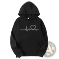 Black hoodie pullover with white heart-shaped heartbeat line design, perfect for matching couple outfits