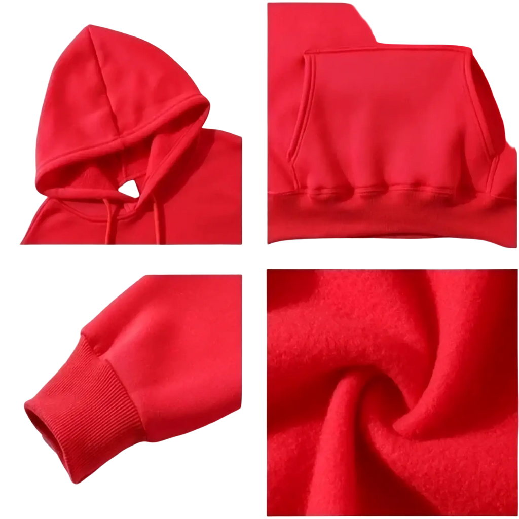 A vibrant red fleece heart beat couple hoodie with a soft texture and ribbed cuffs matching black white pullover