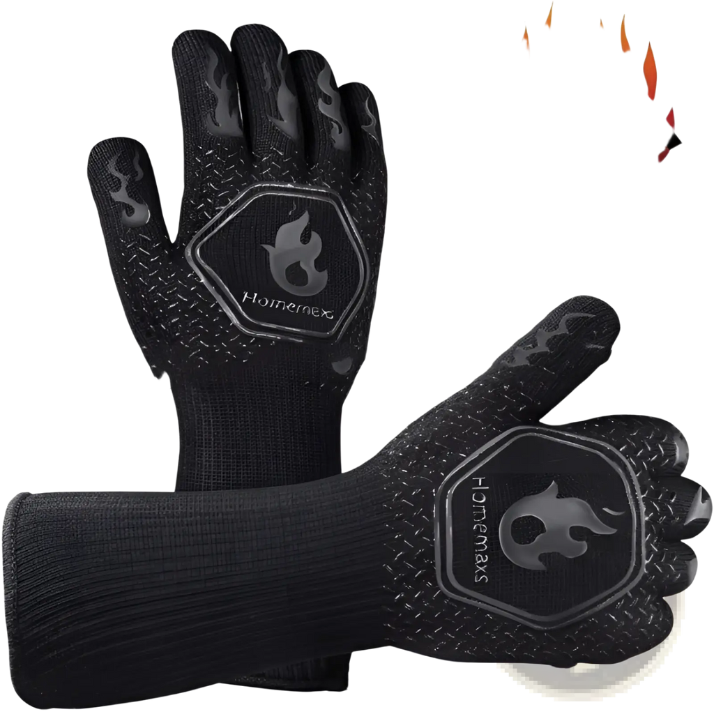 Black homemex oven mitts with flame-patterned grip and heat-resistant coating for bbq heat protection