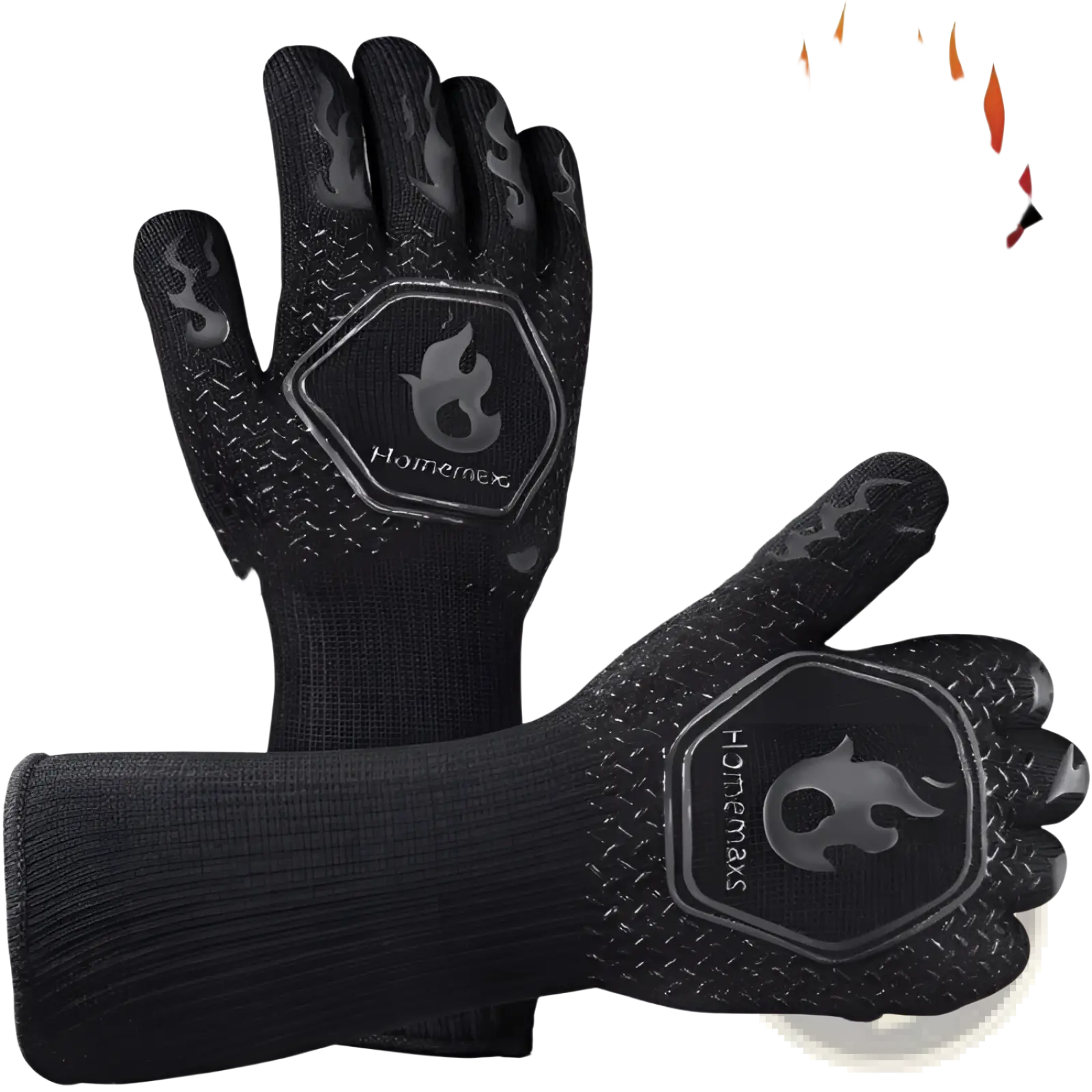 Black homemex oven mitts with flame-patterned grip and heat-resistant coating for bbq heat protection
