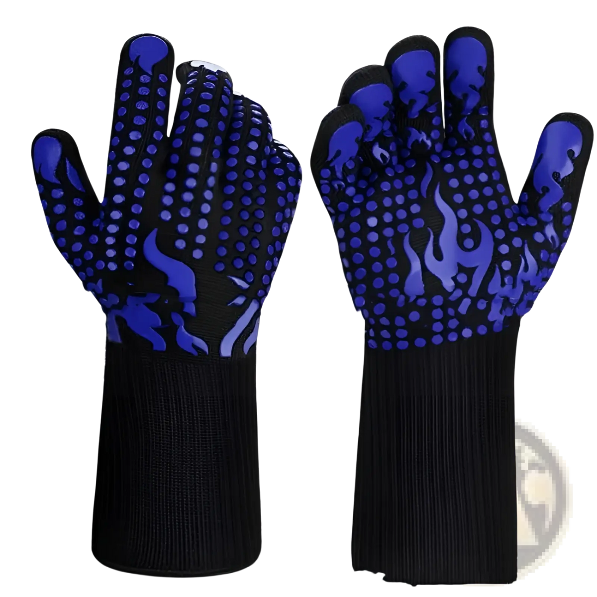 Blue flame-patterned silicone heat resistant flame retardant bbq gloves with black knitted cuffs for high temperatures
