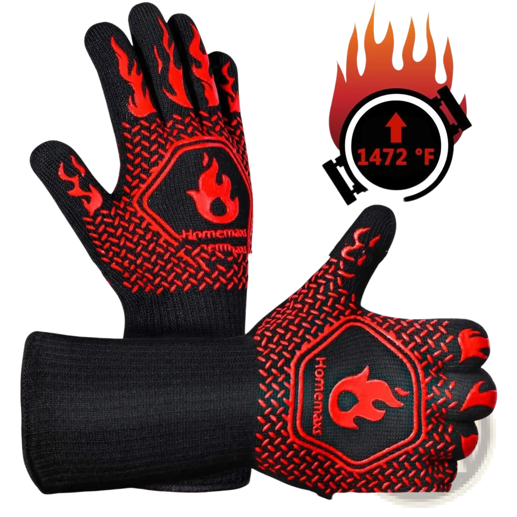 Black and red flame-patterned homemaxx heat resistant flame retardant bbq grill gloves with heat-resistant design back side