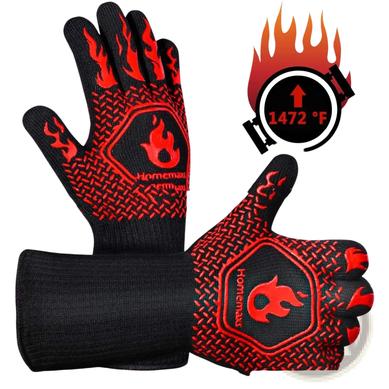 Black and red flame-patterned homemaxx heat resistant flame retardant bbq grill gloves with heat-resistant design back side