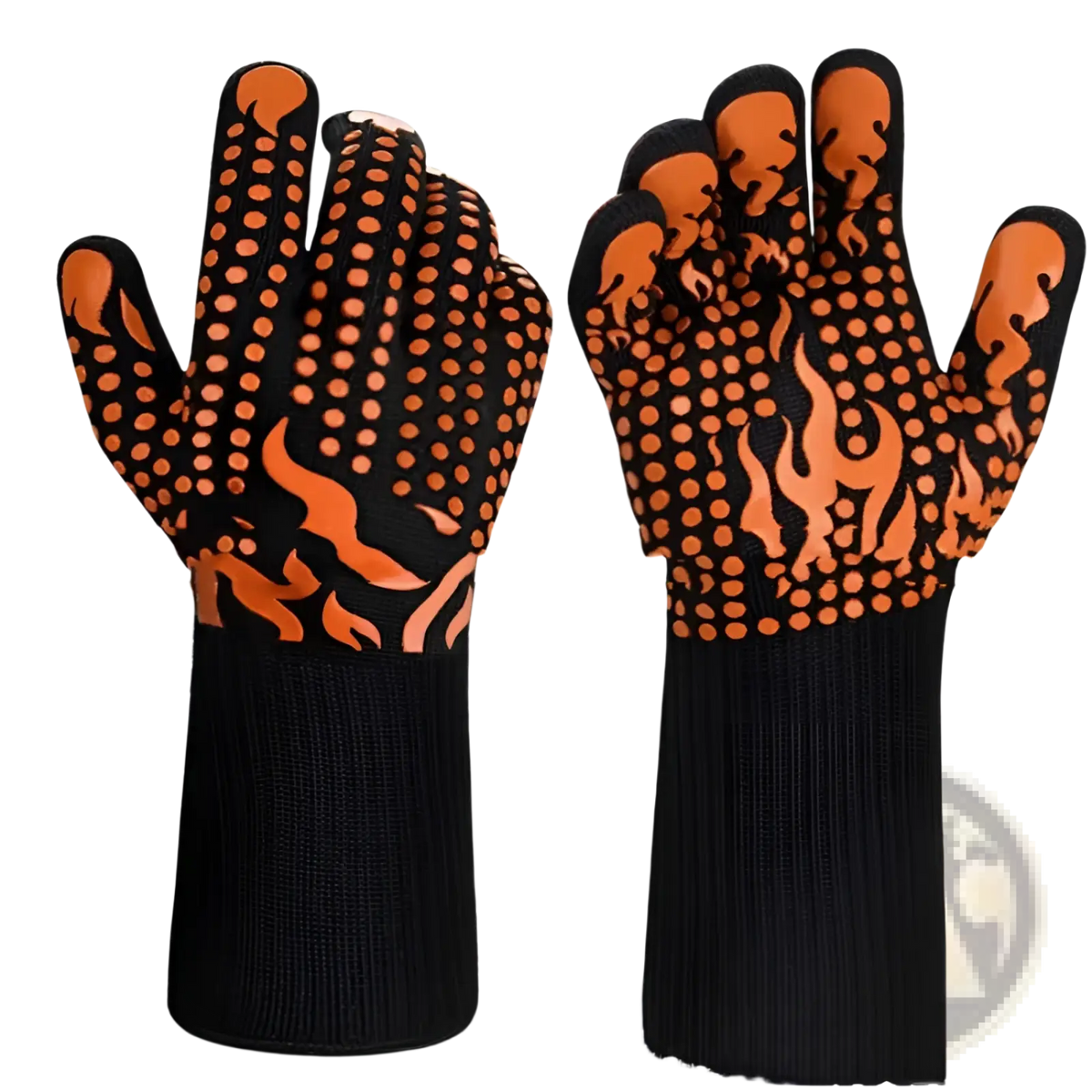Heat resistant flame retardant bbq gloves in black and orange flame patterned silicone with heat resistant design