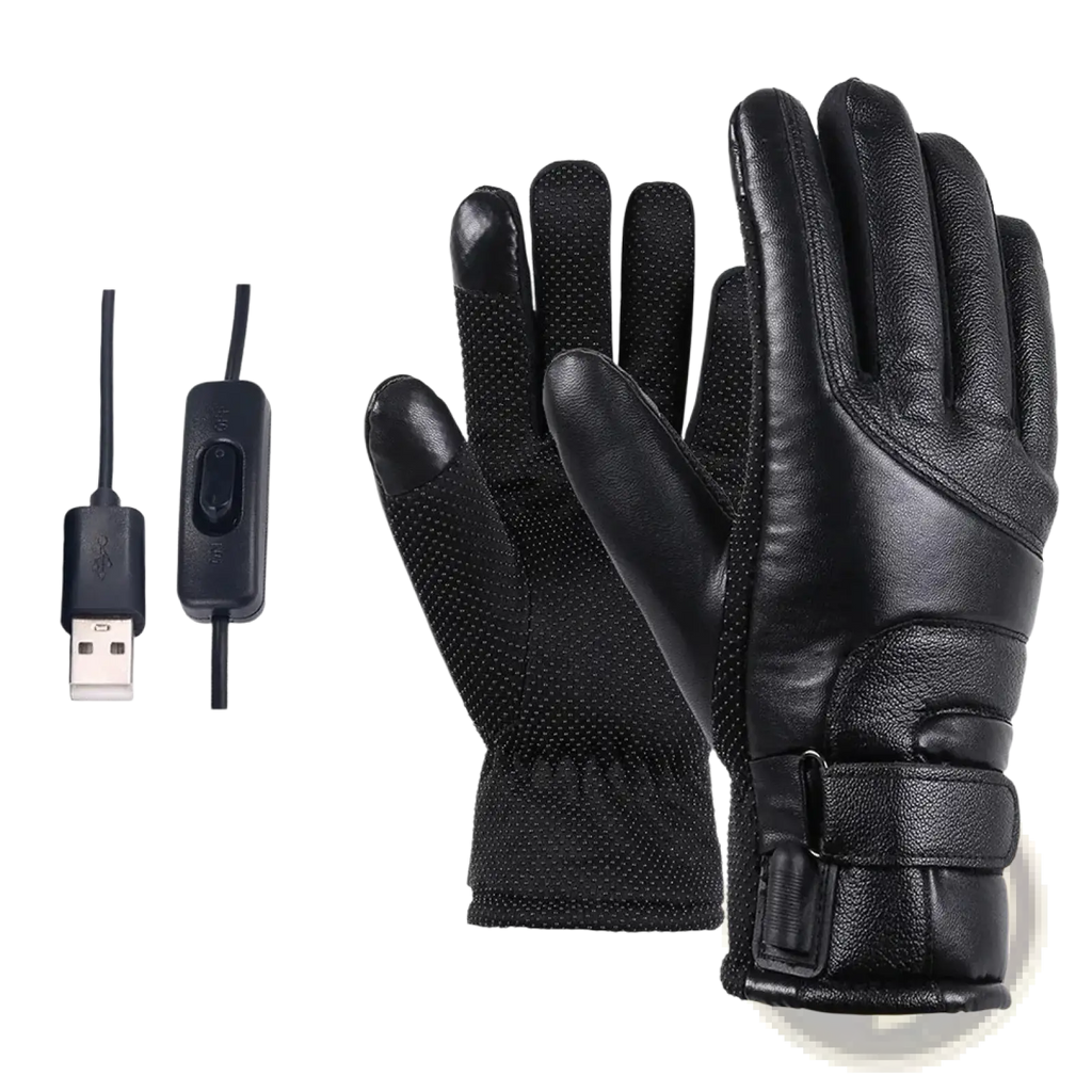 Black leather heated cycling gloves with usb power bank and touchscreen compatible fingertips for winter warmth