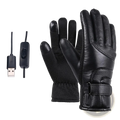 Black leather heated cycling gloves with usb power bank and touchscreen compatible fingertips for winter warmth