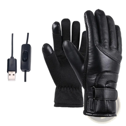 Black leather heated cycling gloves with usb power bank and touchscreen compatible fingertips for winter warmth