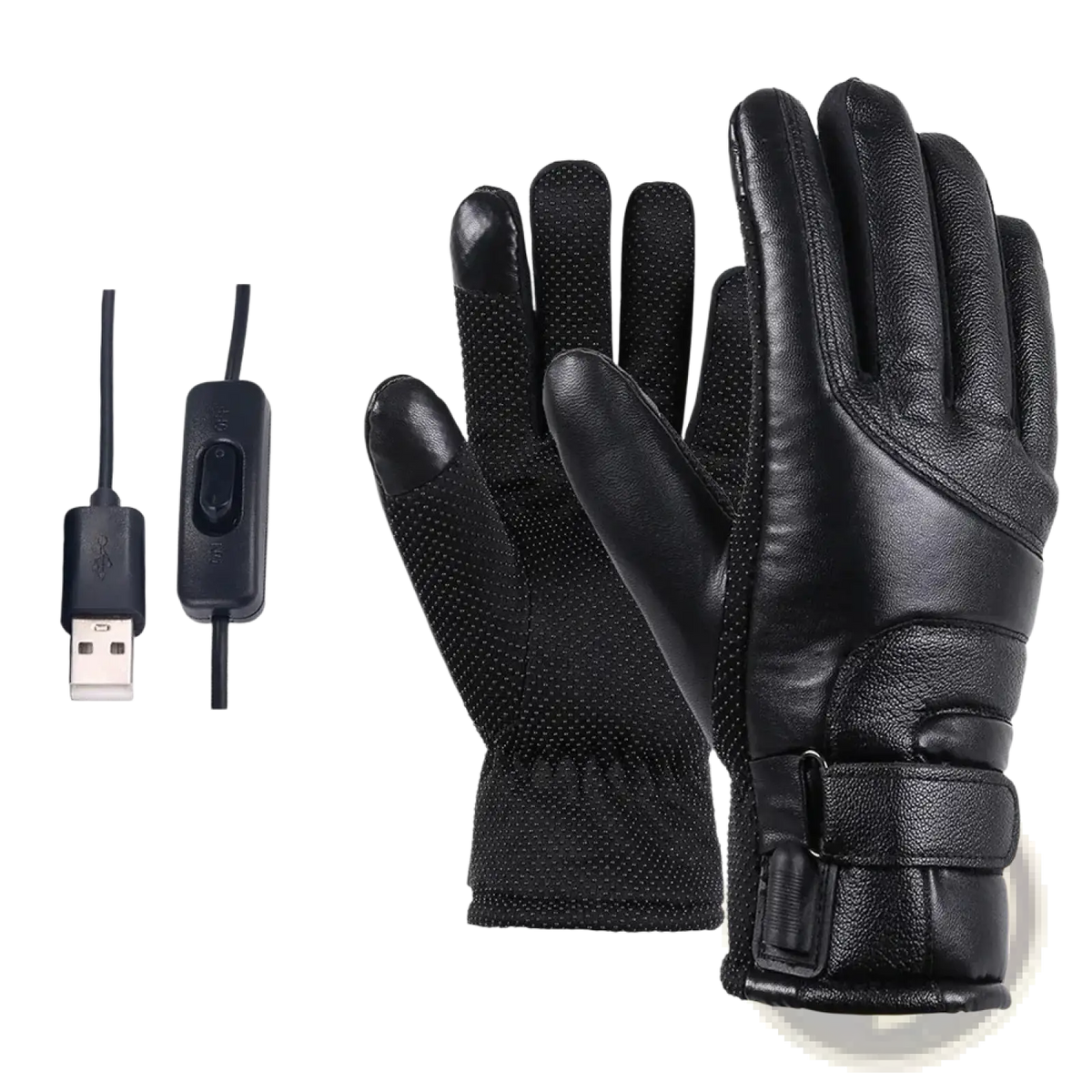 Black leather heated cycling gloves with usb power bank and touchscreen compatible fingertips for winter warmth