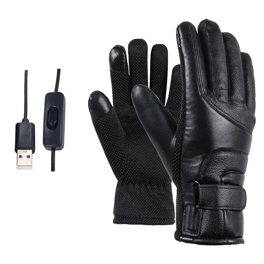 Black leather heated cycling gloves with touchscreen capability usb charging cable and power switch for winter warmth