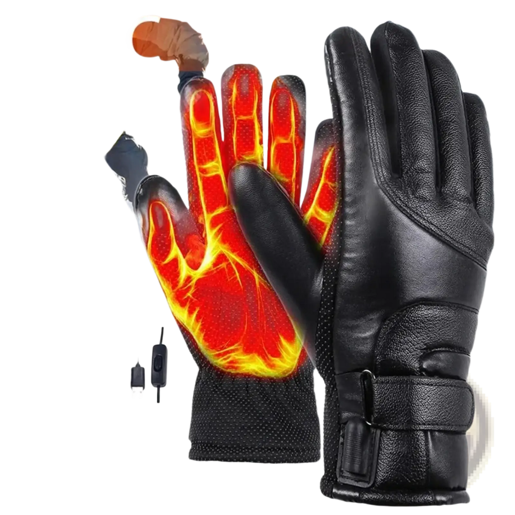 Black leather heated cycling gloves with red glowing palm design waterproof and touchscreen compatible for winter use