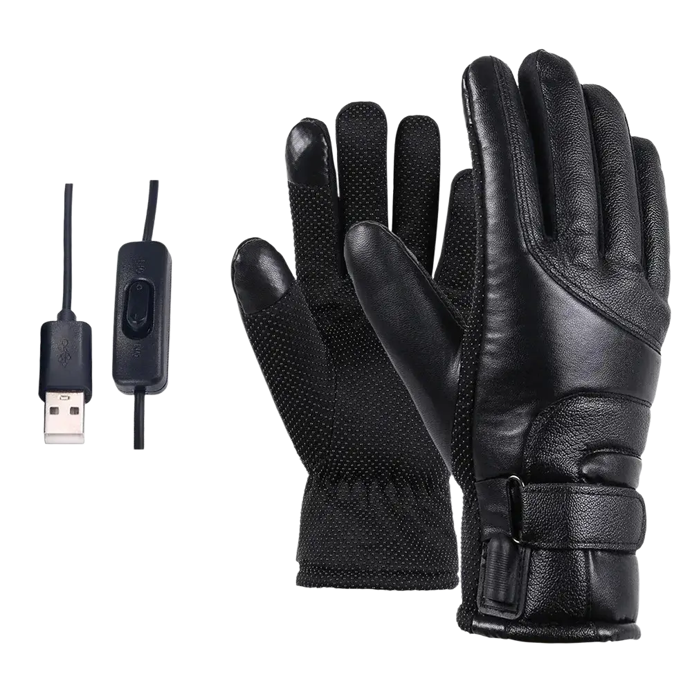 Black leather heated cycling gloves with usb power bank and touchscreen compatible fingertips for winter warmth