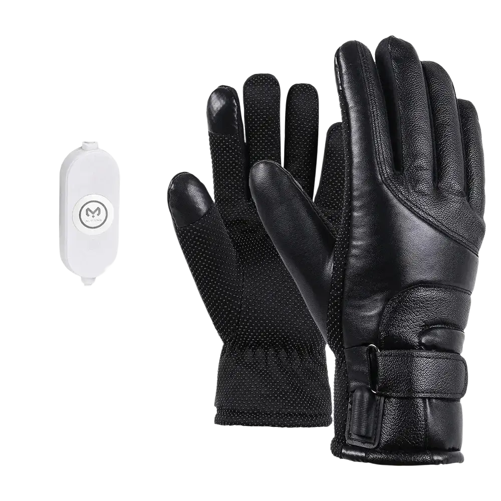 Black leather heated cycling gloves with usb touchscreen compatibility textured grip and adjustable strap visible from back side