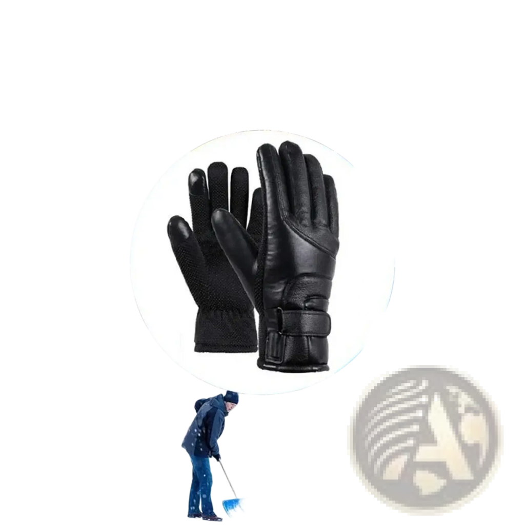 Black leather heated cycling gloves with textured palm and adjustable strap closure for winter warmth and touchscreen use