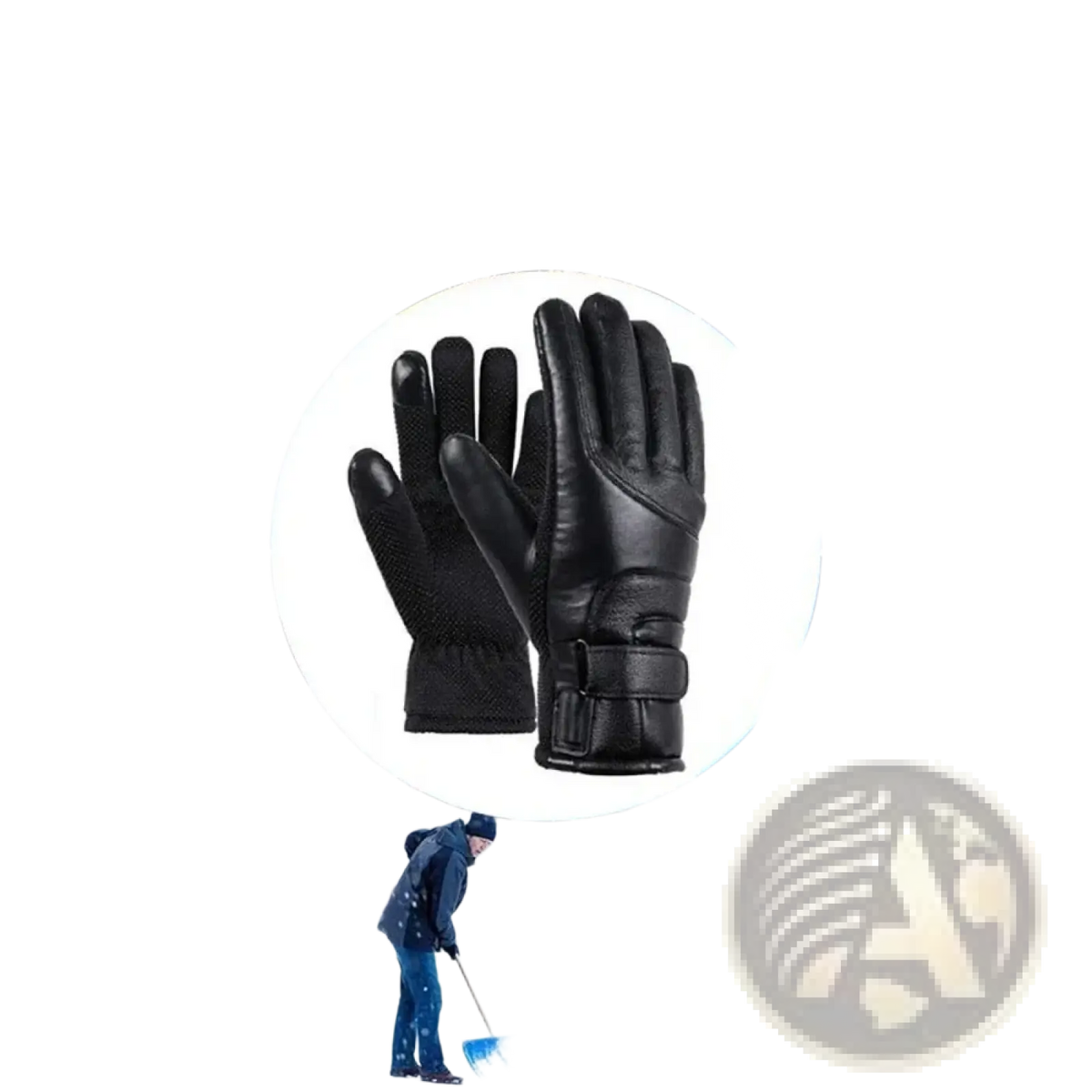 Black leather heated cycling gloves with textured palm and adjustable strap closure for winter warmth and touchscreen use