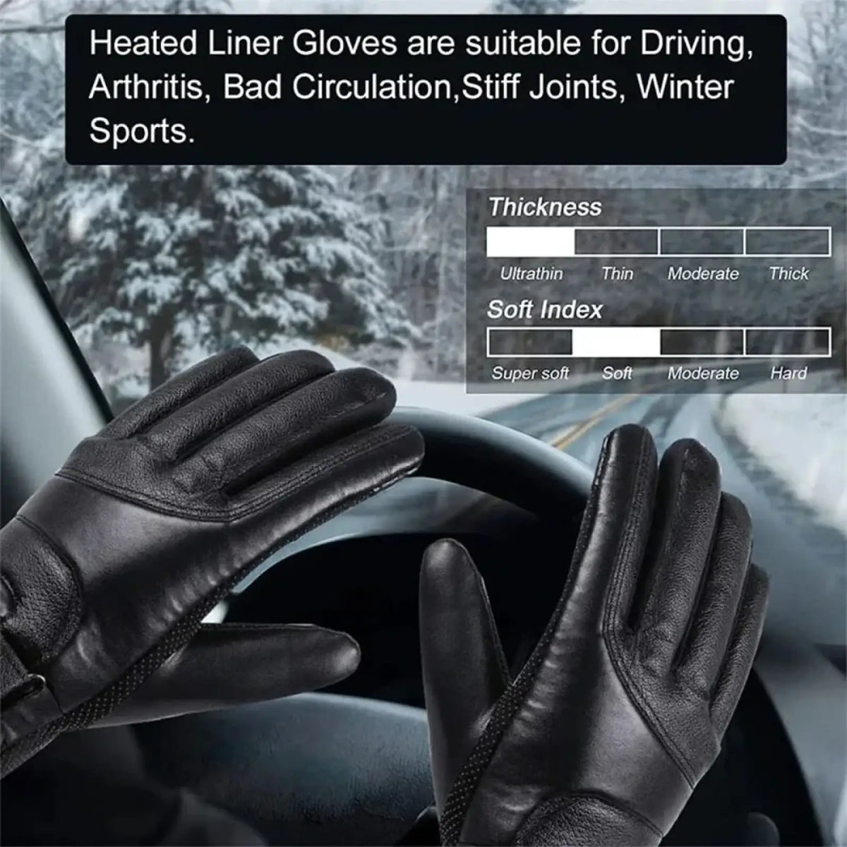 Black leather heated cycling gloves with usb touchscreen, reinforced stitching, zipper detailing, and warm winter liner back view