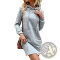Heather gray striped patchwork hoodie dress with hood, striped drawstrings, and side pockets in soft fabric