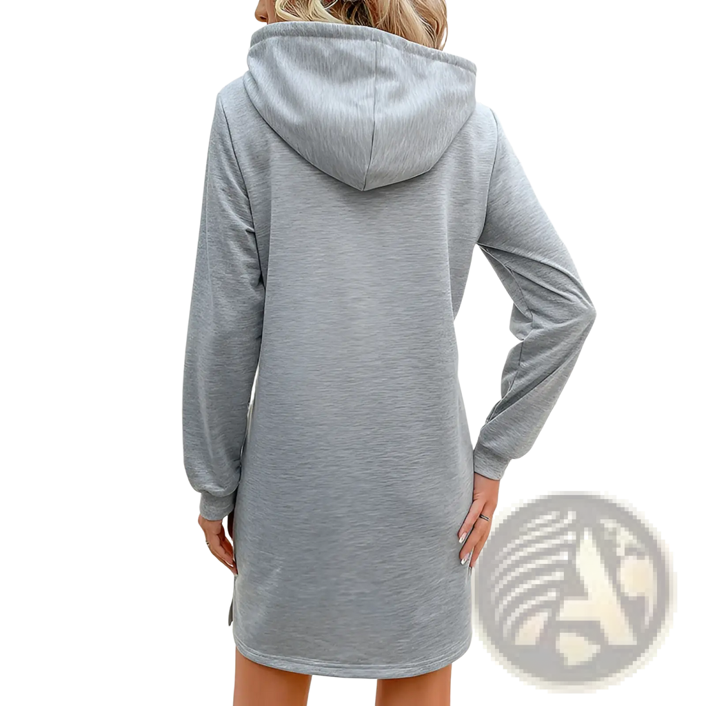 Heather gray striped patchwork hoodie dress with long sleeves pockets soft heather material and relaxed fit