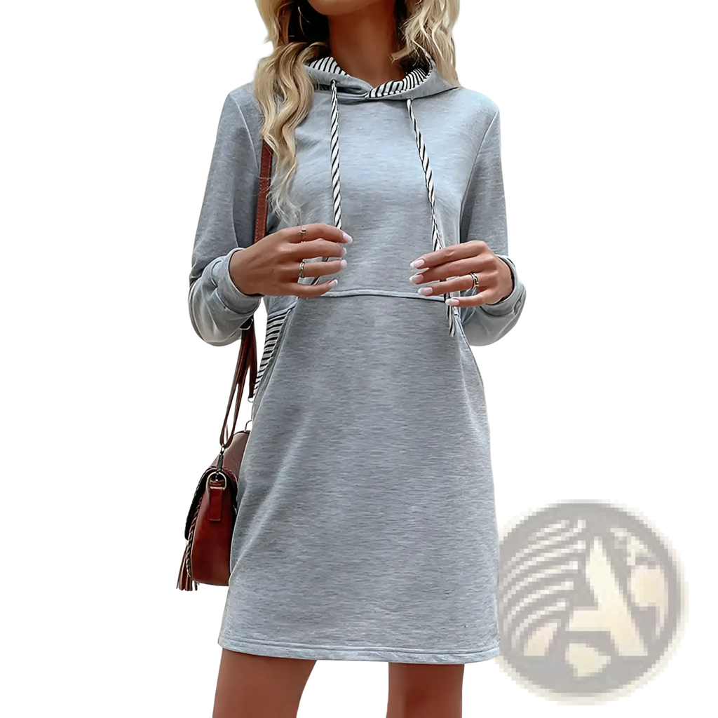 Heather gray striped patchwork hoodie dress with pockets ribbed hem and striped drawstrings in soft fabric