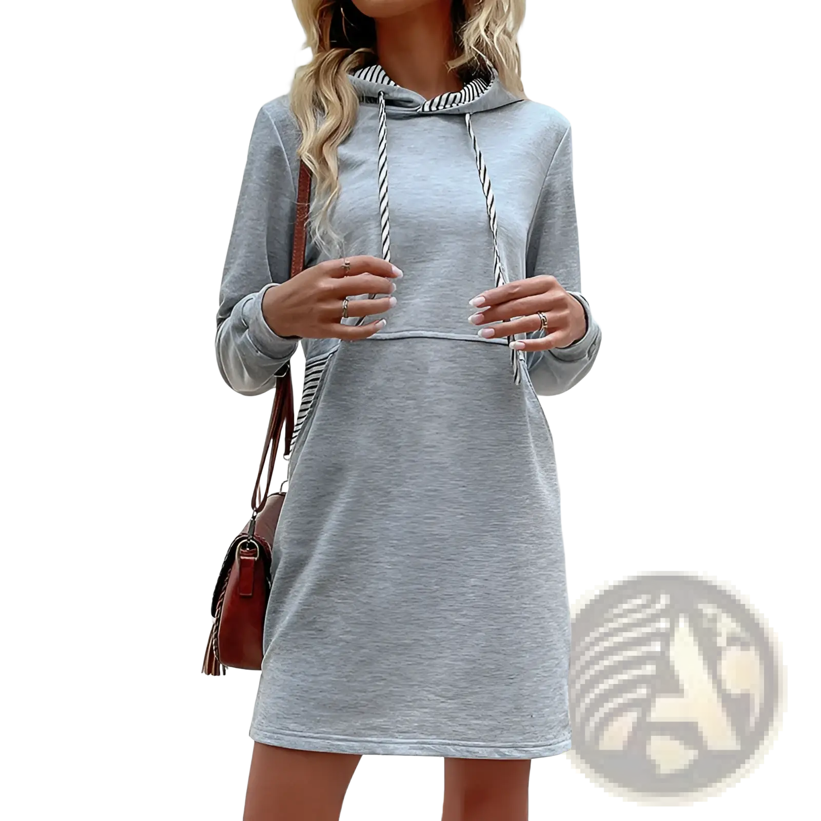 Heather gray striped patchwork hoodie dress with pockets ribbed hem and striped drawstrings in soft fabric