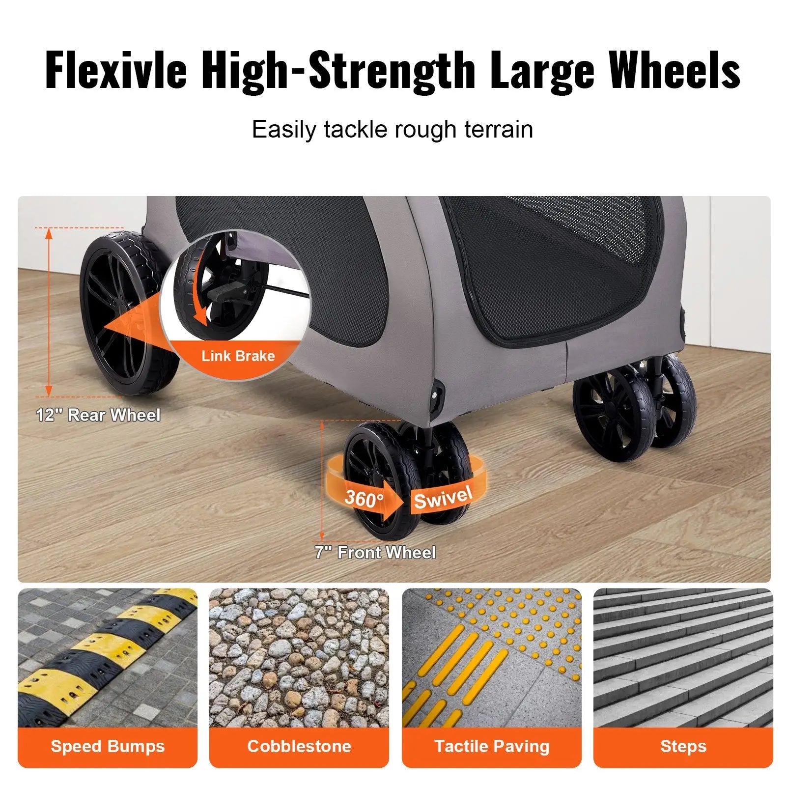 Gray heavy duty 160lb 4-wheel pet stroller with black flexible high-strength wheels featuring link brake and 360-degree swivel