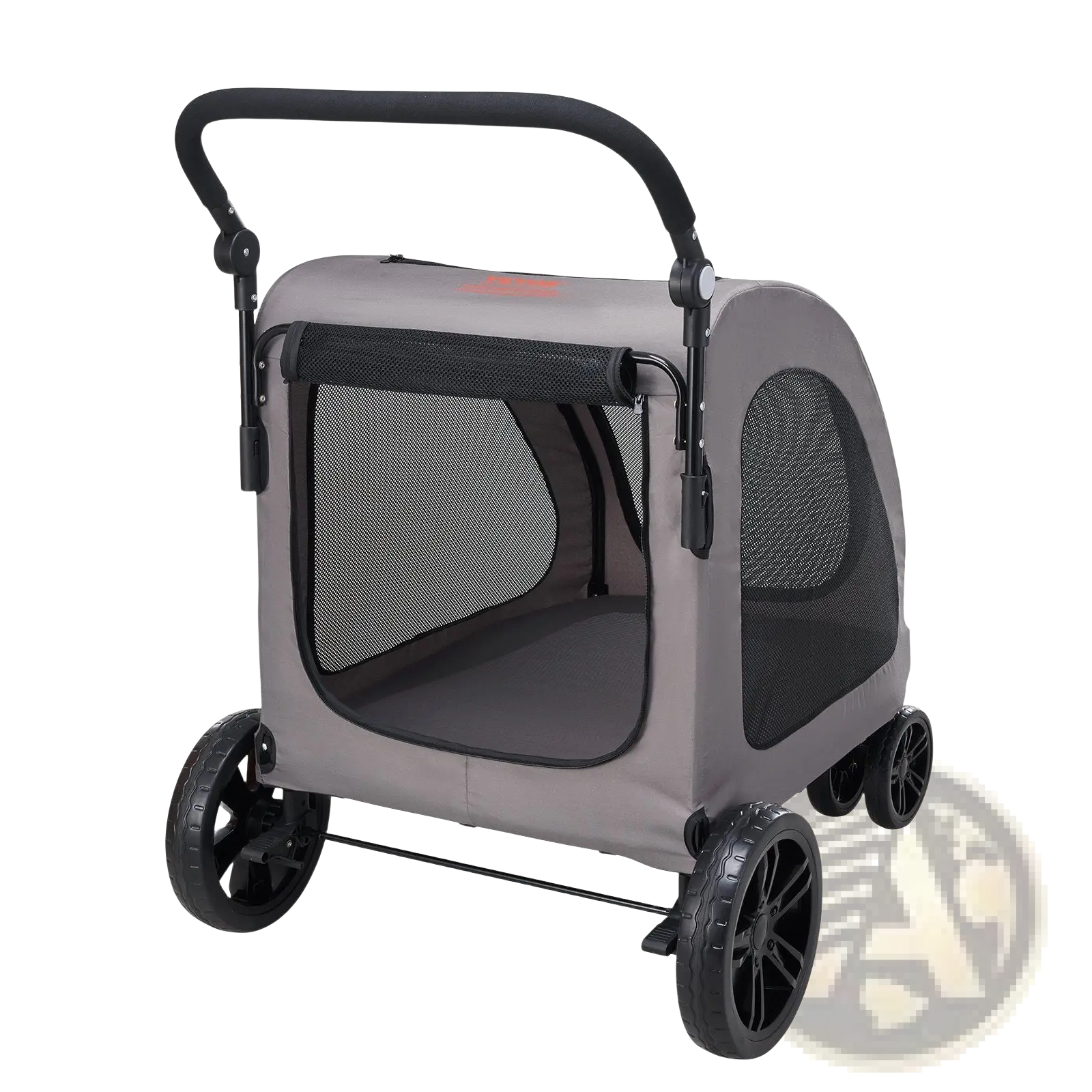 Heavy duty 160lb gray pet stroller with black mesh sides, four wheels, and sturdy handlebar for easy pushing