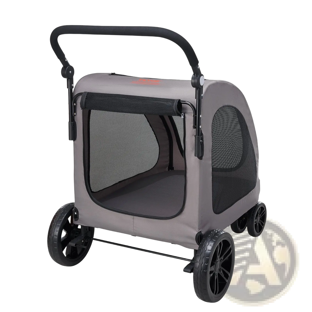 Heavy duty 160lb gray pet stroller with black mesh sides, four wheels, and sturdy handlebar for easy pushing