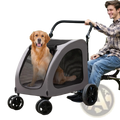 Heavy duty gray and black pet stroller with mesh sides, four wheels, and handle for easy transport supporting 160lb capacity