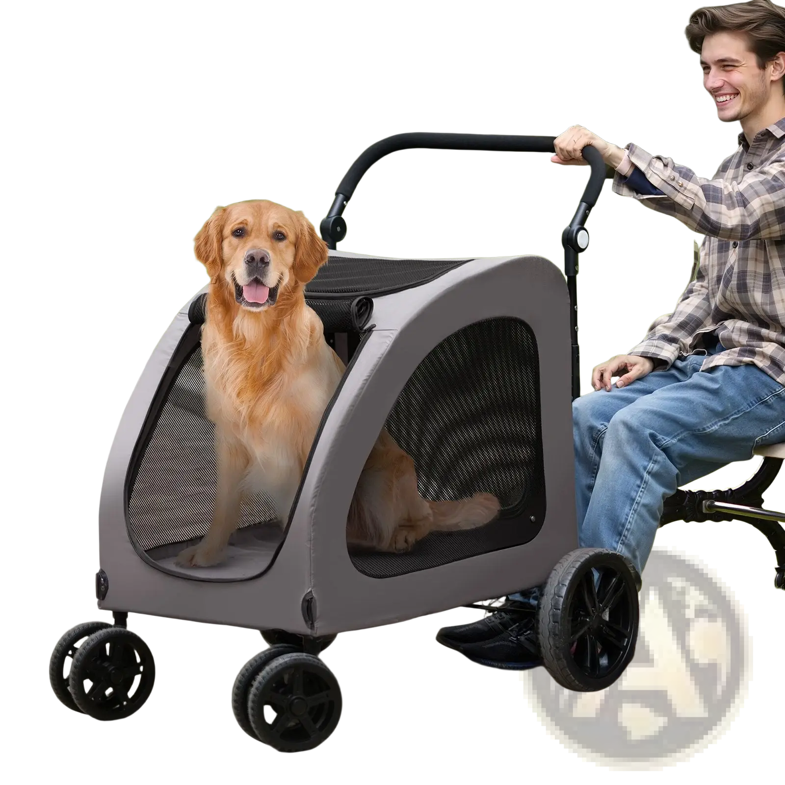 Heavy duty gray and black pet stroller with mesh sides, four wheels, and handle for easy transport supporting 160lb capacity