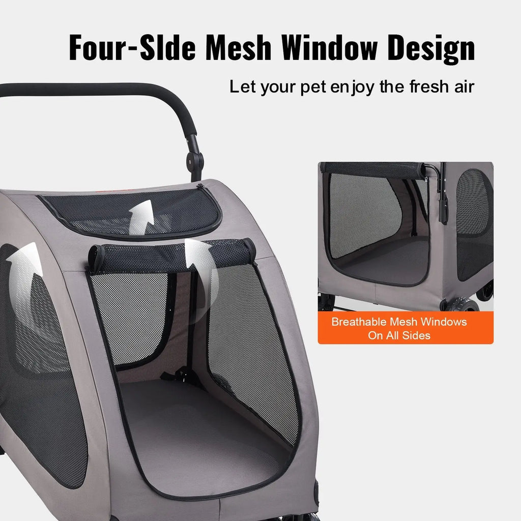 Heavy duty 160lb gray pet stroller with black mesh windows on all sides for ventilation and visibility