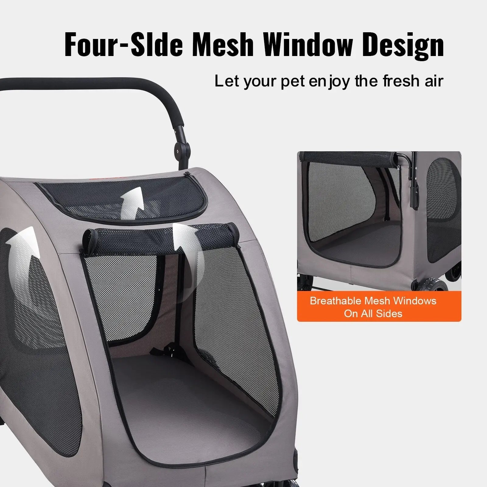 Heavy duty 160lb gray pet stroller with black mesh windows on all sides for ventilation and visibility