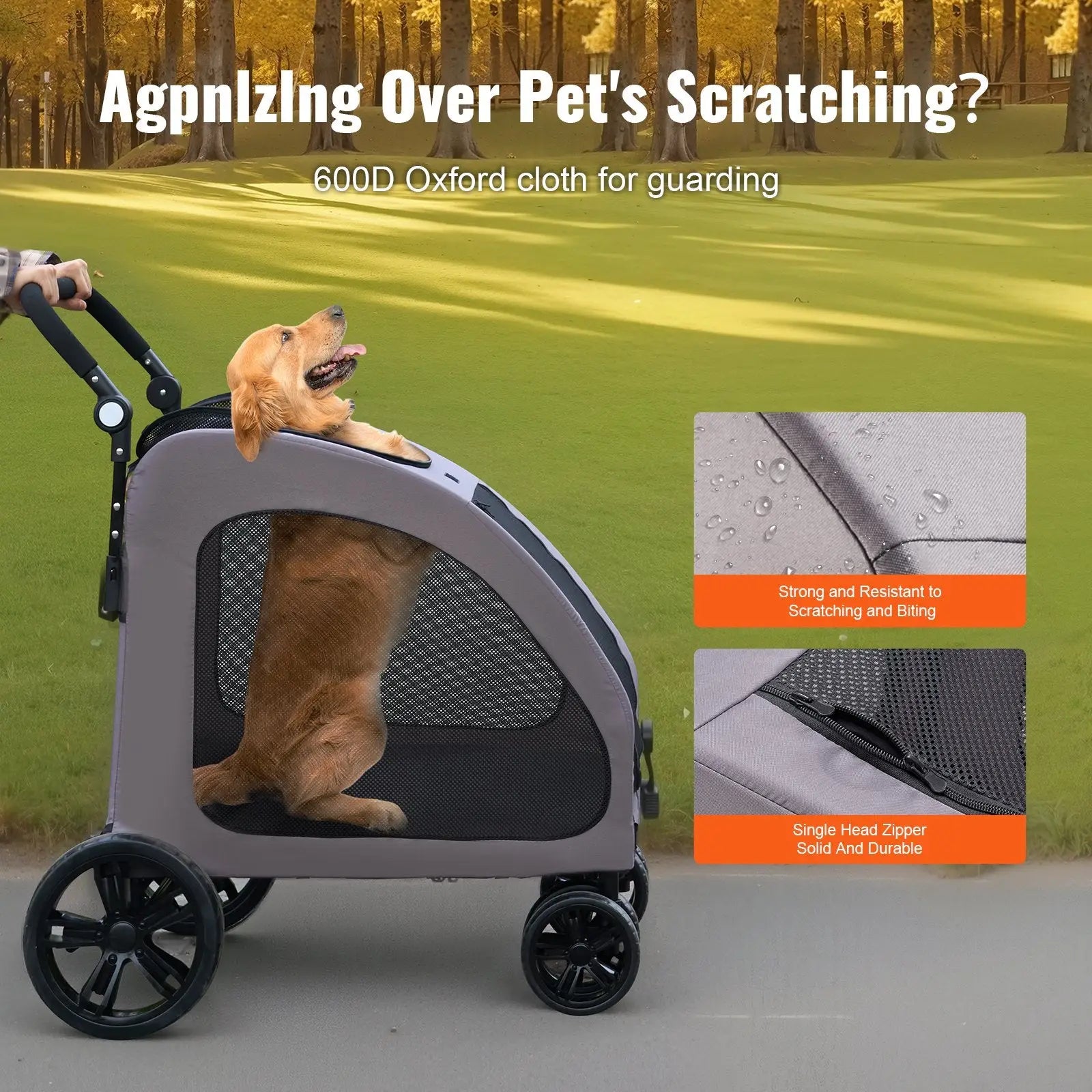 Gray and black heavy duty 160lb 4-wheel pet stroller with mesh sides and durable 600d oxford cloth design