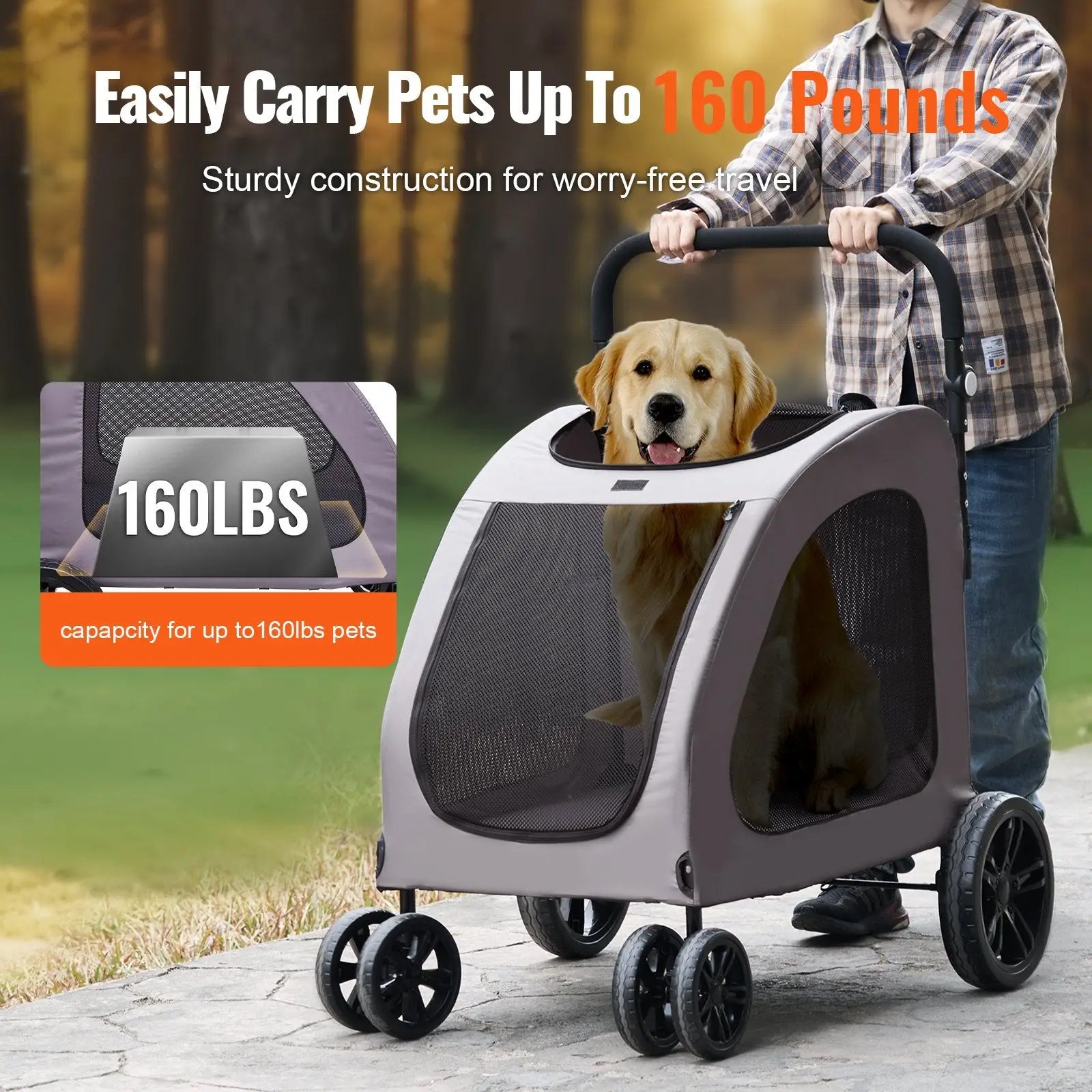 Heavy duty gray and black pet stroller with mesh sides, four wheels, and handle for easy carrying and 160lb capacity
