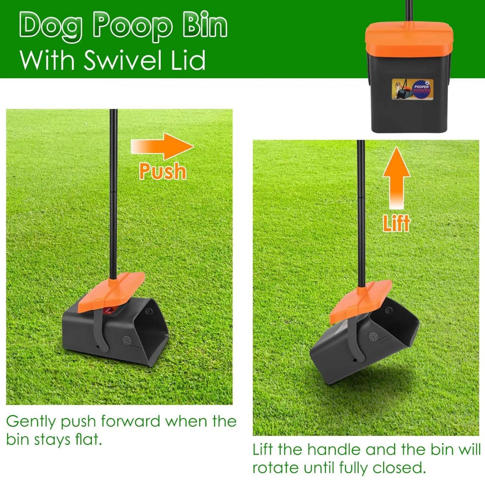 Orange and black heavy duty dog poop scooper kit with swiveling bin featuring a swivel lid for easy use