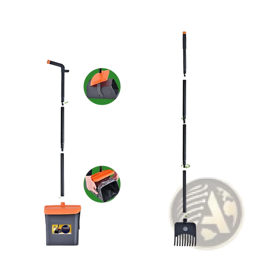 Heavy duty black and orange extendable dog poop scooper kit with detachable rake shovel and swiveling bin for cleanup