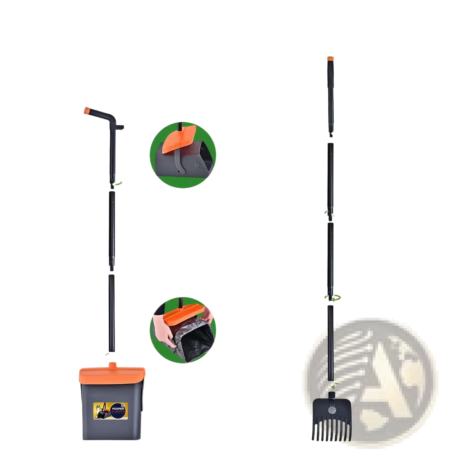 Heavy duty black and orange extendable dog poop scooper kit with detachable rake shovel and swiveling bin for cleanup