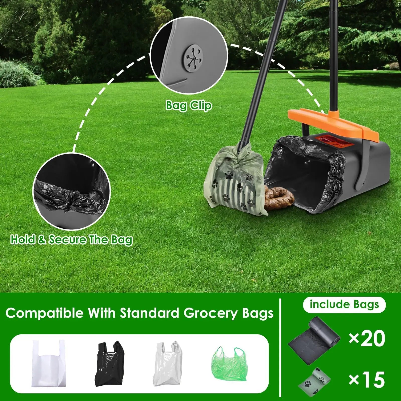 Heavy duty dog poop scooper kit with swiveling bin featuring gray and orange scoop, black handle, and bag clip