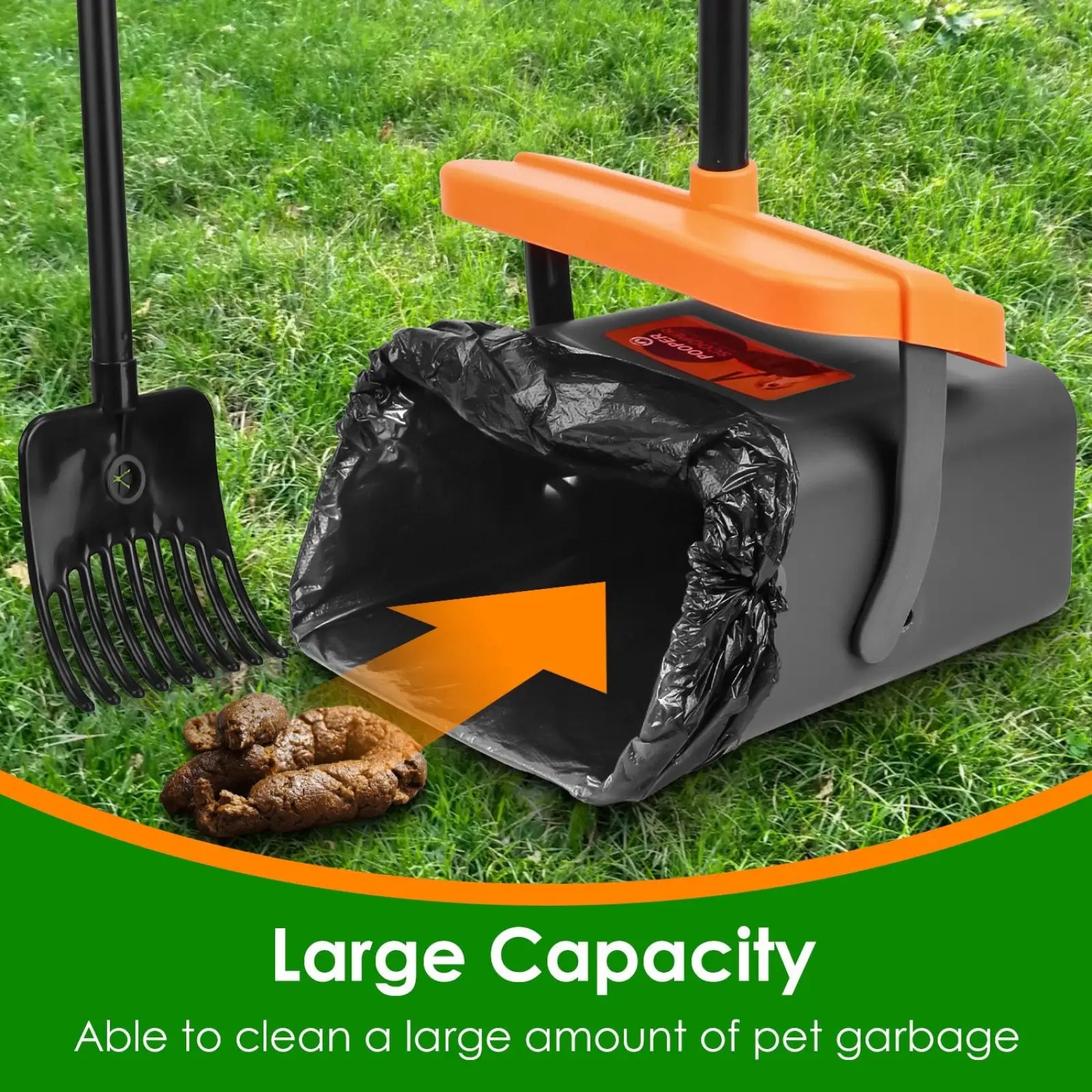 Orange and black heavy duty dog poop scooper kit with swiveling bin and built-in trash bag compartment
