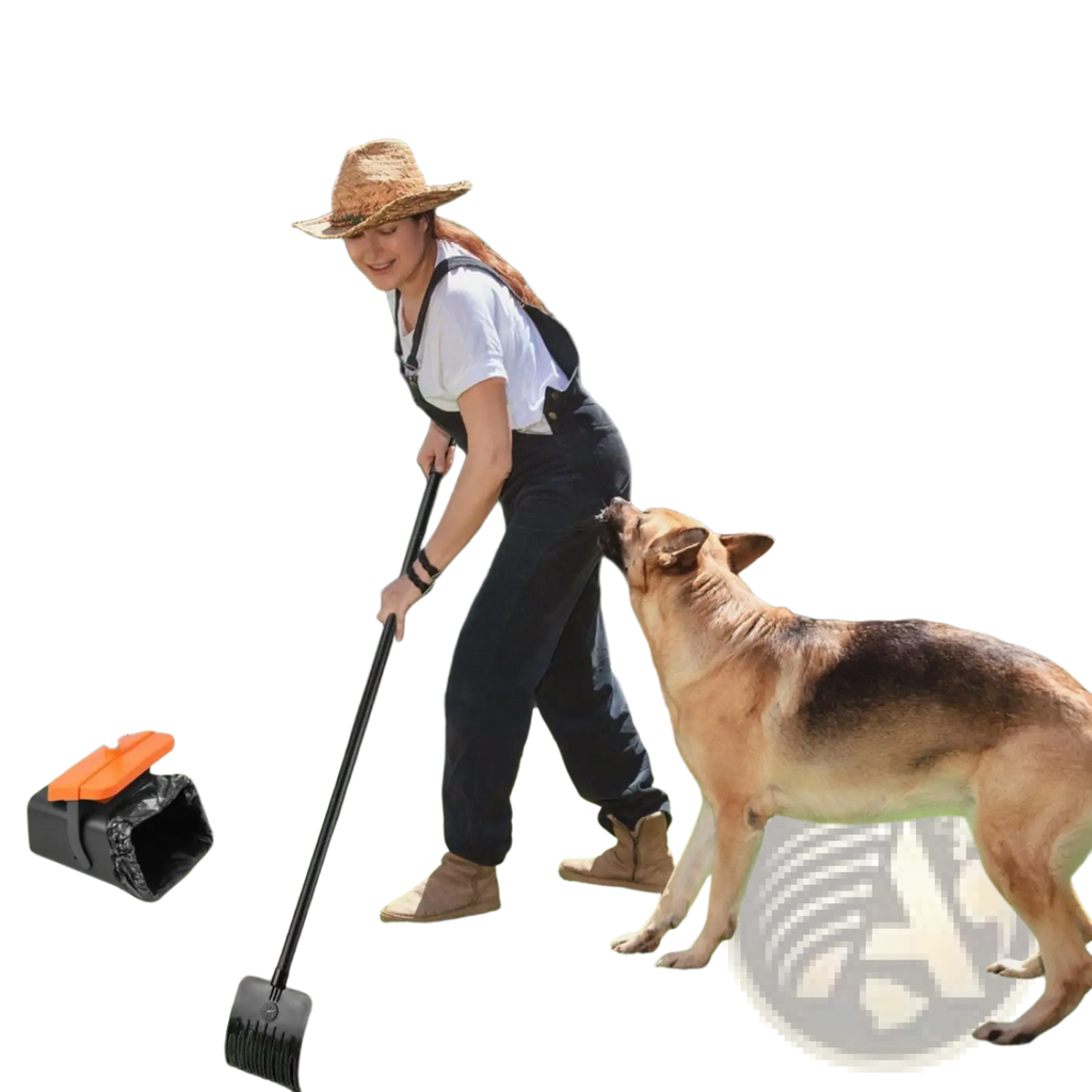 Black and orange heavy duty dog poop scooper kit with swiveling bin and long handle for pet waste pickup