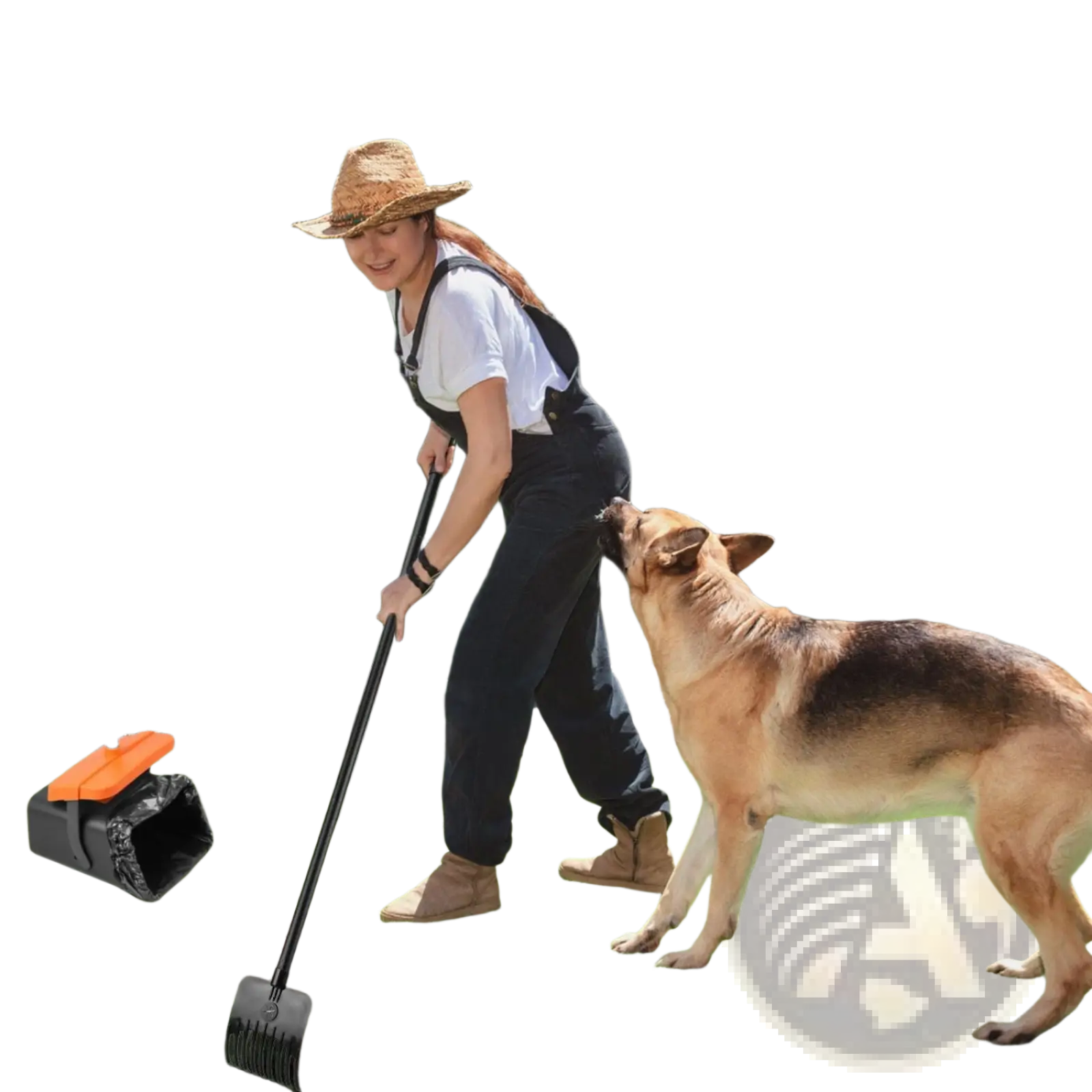 Black and orange heavy duty dog poop scooper kit with swiveling bin and long handle for pet waste pickup