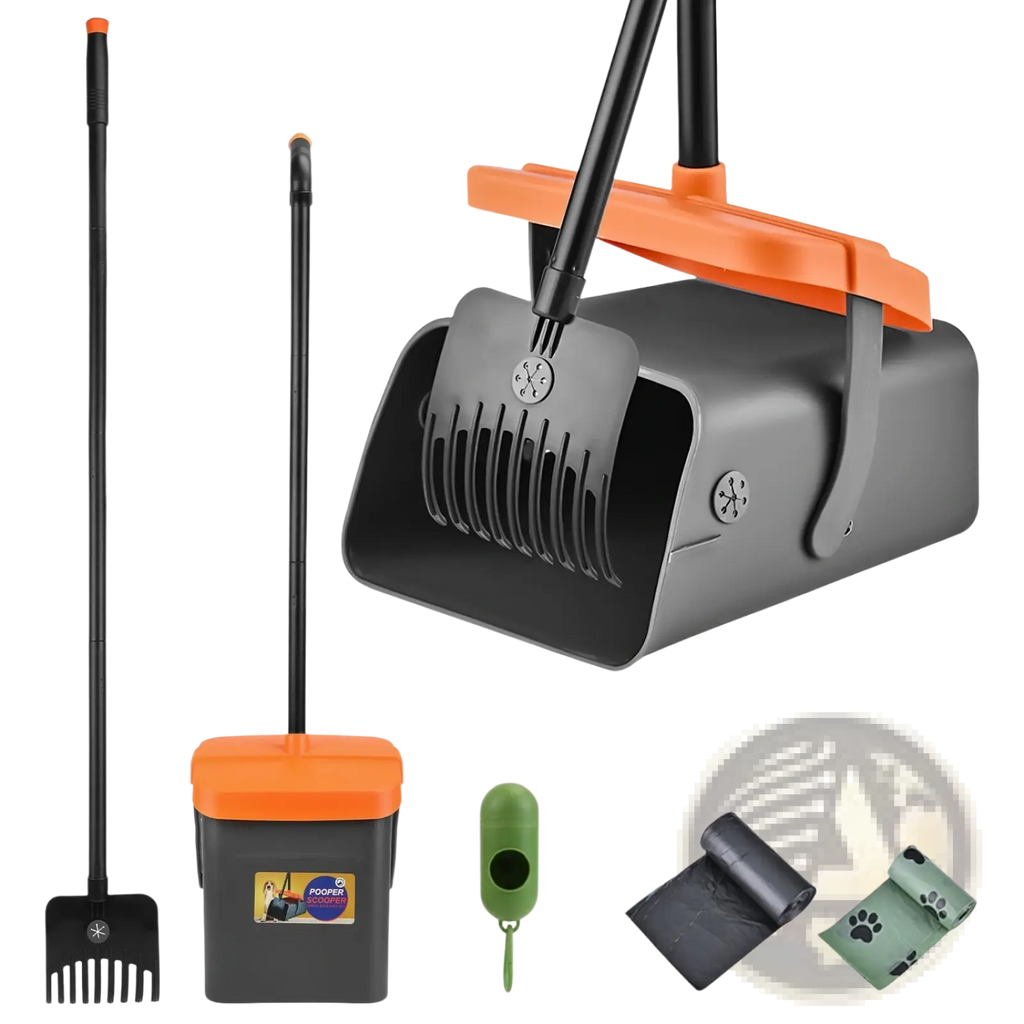 Heavy duty dog poop scooper kit with swiveling bin featuring orange and black scoop rake bags and dispenser for pet waste cleanup