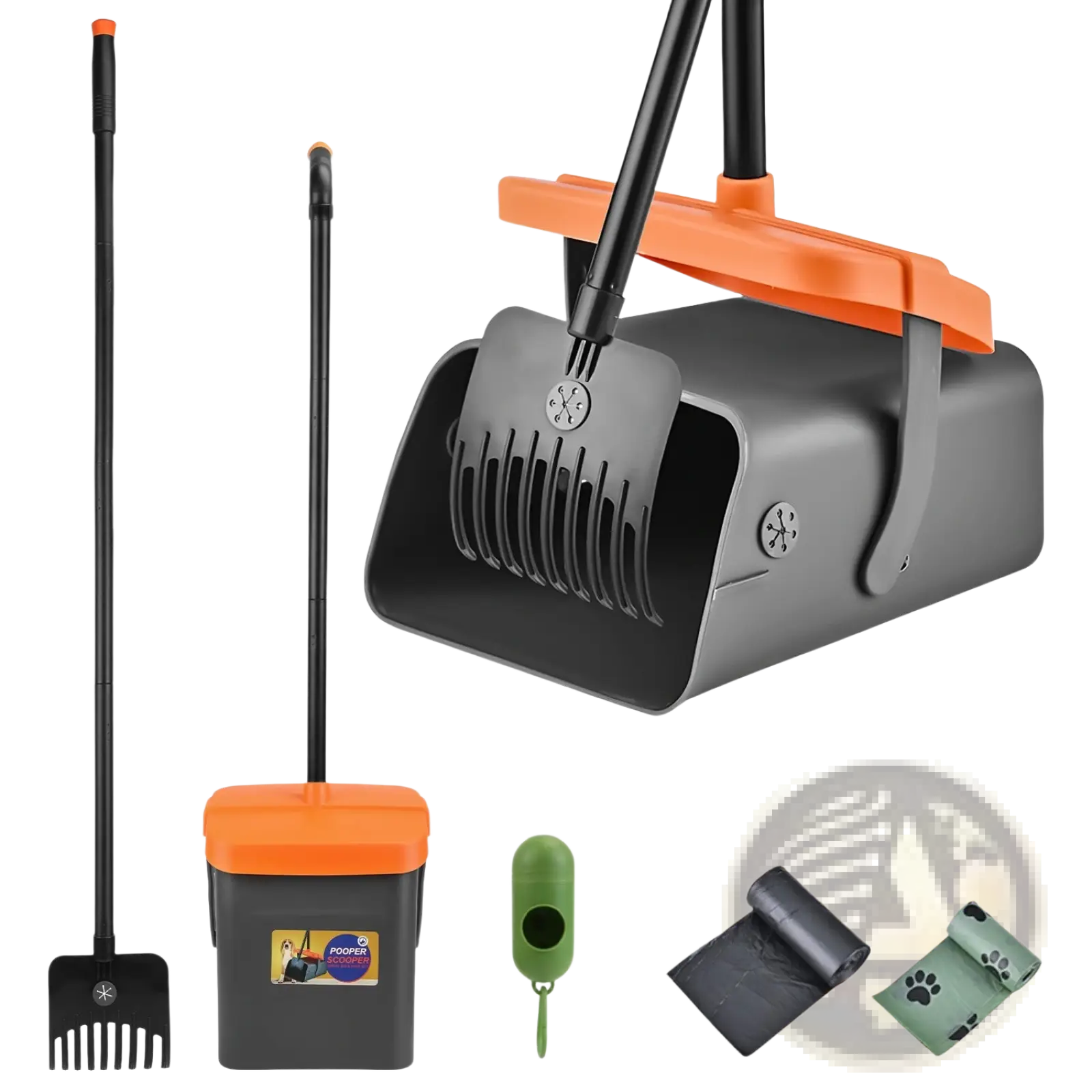 Heavy duty dog poop scooper kit with swiveling bin featuring orange and black scoop rake bags and dispenser for pet waste cleanup