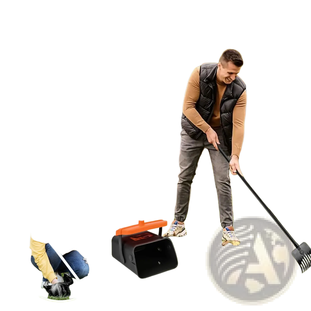 Heavy duty dog poop scooper kit with swiveling bin featuring a black and orange leaf blower with extra long handle