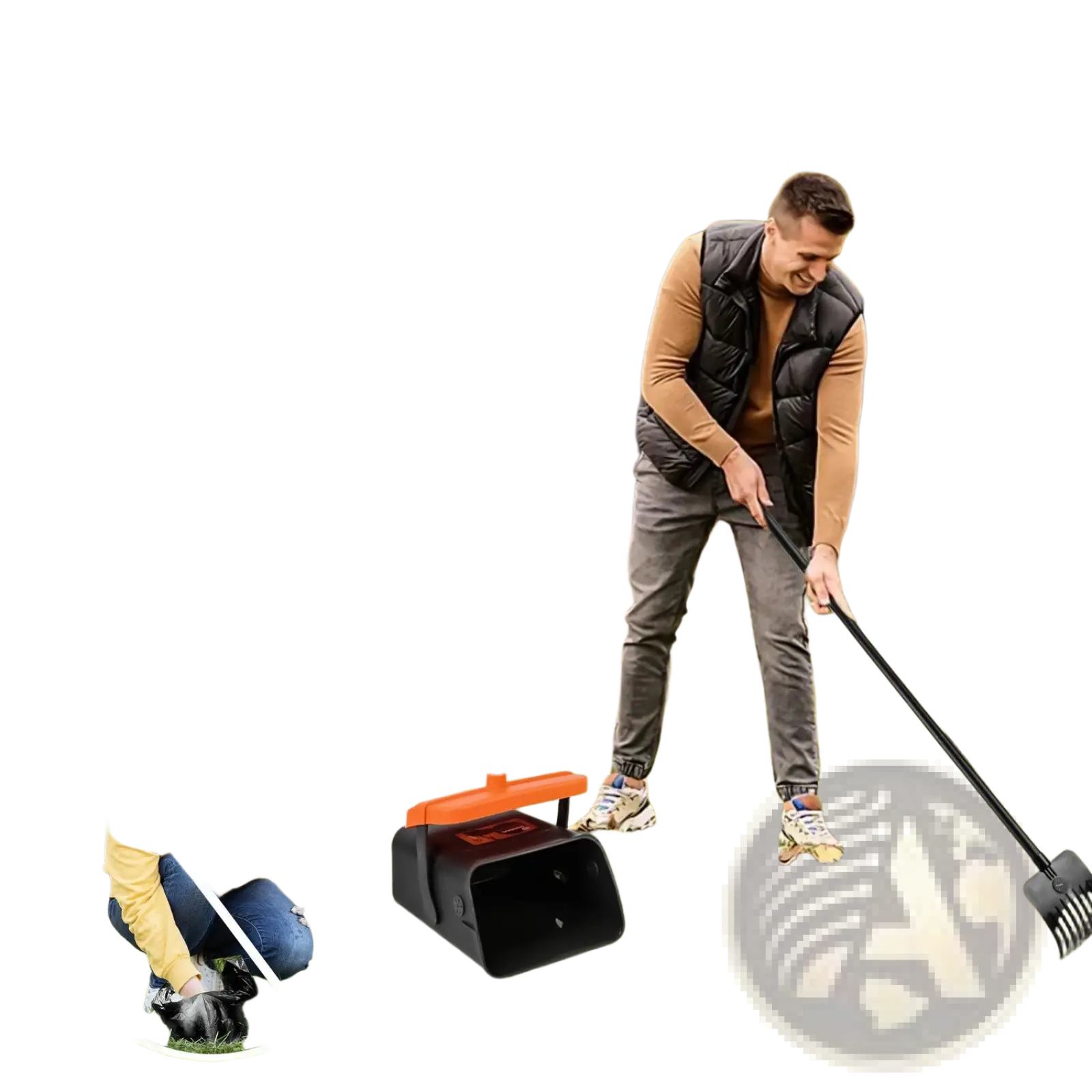 Heavy duty dog poop scooper kit with swiveling bin featuring a black and orange leaf blower with extra long handle